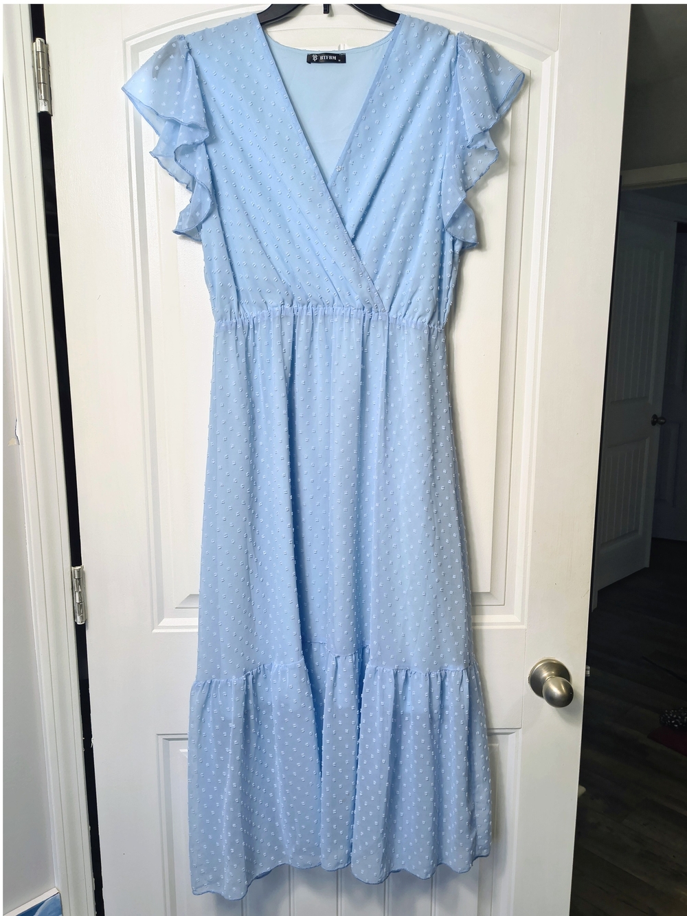 Light Blue Swiss Dot Surplice Midi Dress by Eden